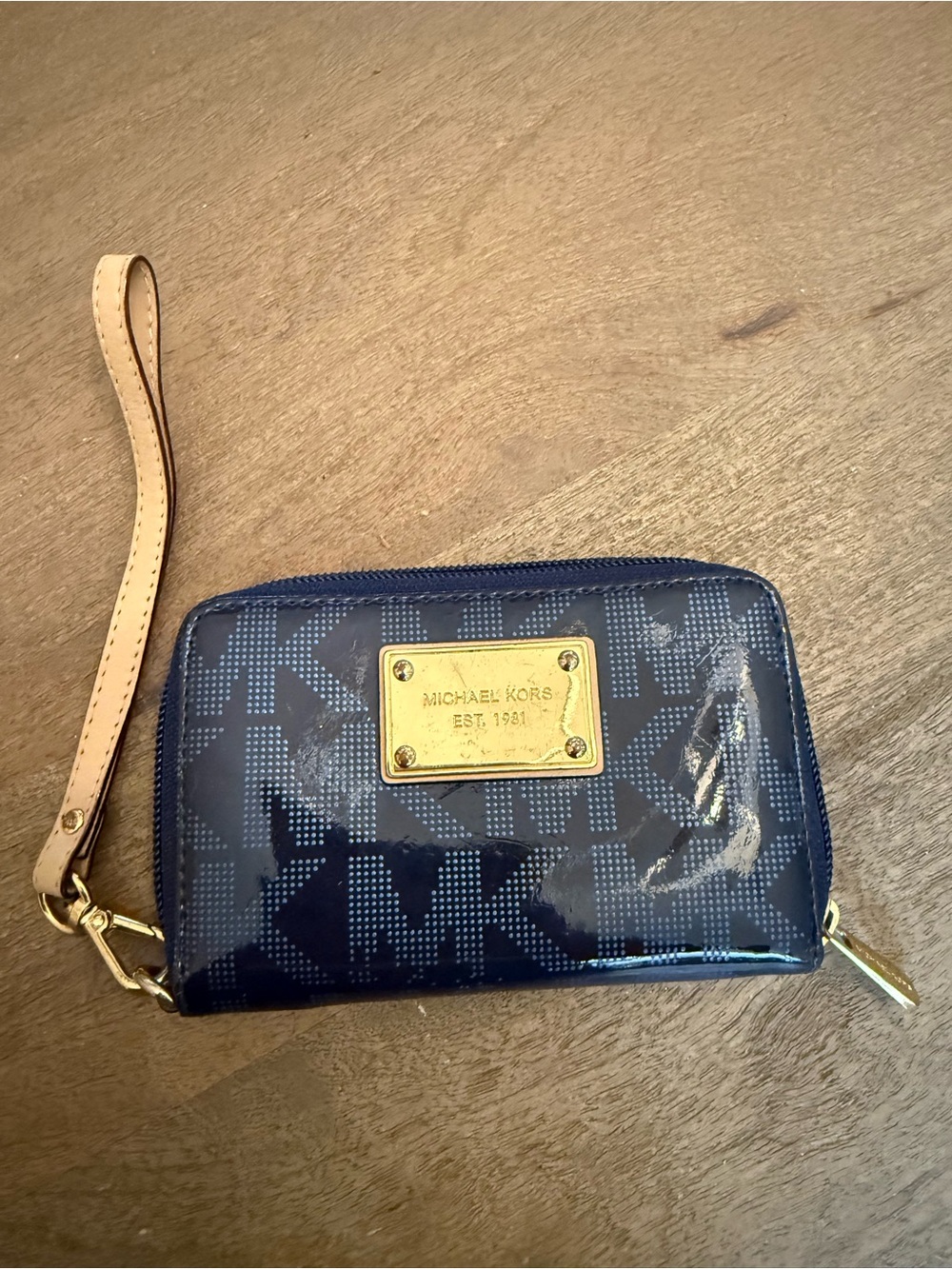 Michael Kors Navy Patent Logo Wristlet with Tan Strap